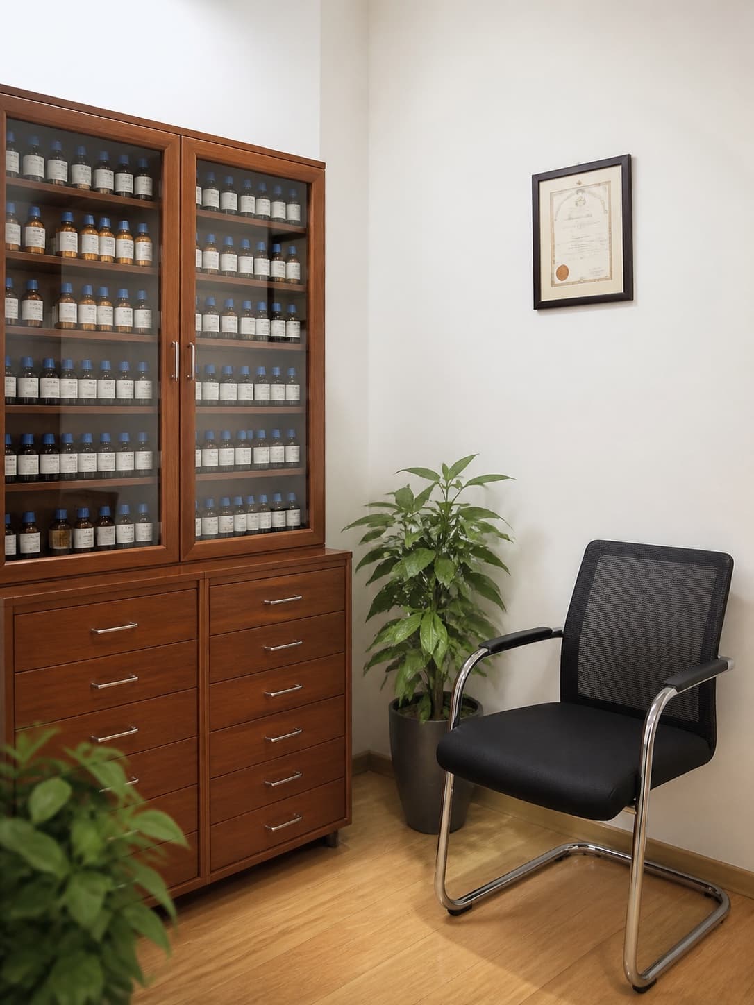 Jeeven Homoeopathy Clinic medicine cabinet and patient waiting chair